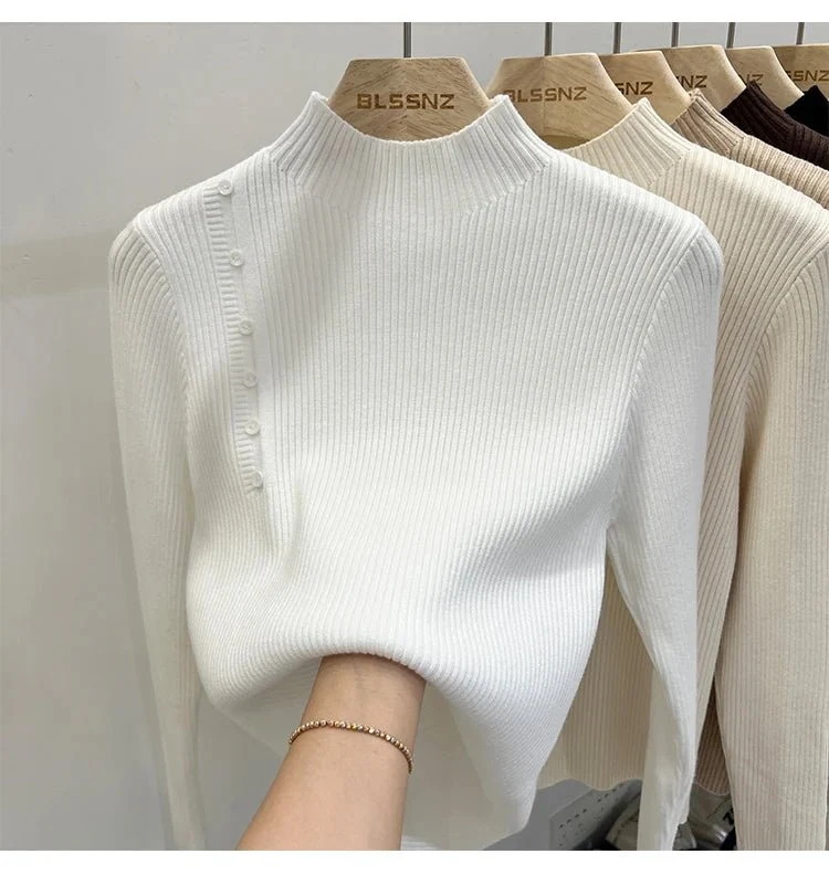 Schmal geschnittener Damen-Rollkragenpullover mit Knöpfen – weicher Stretch-Strickpullover für Herbst/Winter