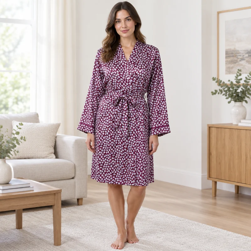 Damen-Satin-Kimono, luxuriöser Seiden-Morgenmantel, Pflaumenblau, Stahl