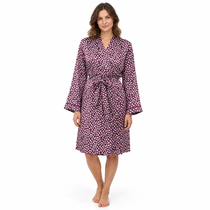 Damen-Satin-Kimono, luxuriöser Seiden-Morgenmantel, Pflaumenblau, Stahl