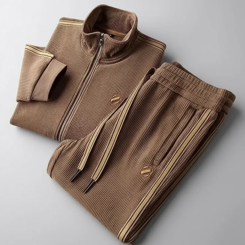Sportliches Herren-Herbstset: Zweiteiliger Anzug mit Kapuzenstrickjacke und gerader Jogginghose.
