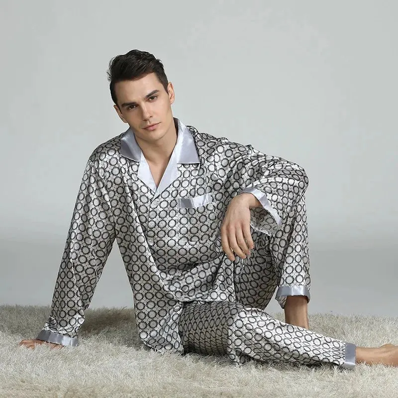 Pyjama-Set für Herren in Übergröße, 2-teilig, langärmelig, locker geschnitten, bedruckt, aus Seidensatin, Loungewear