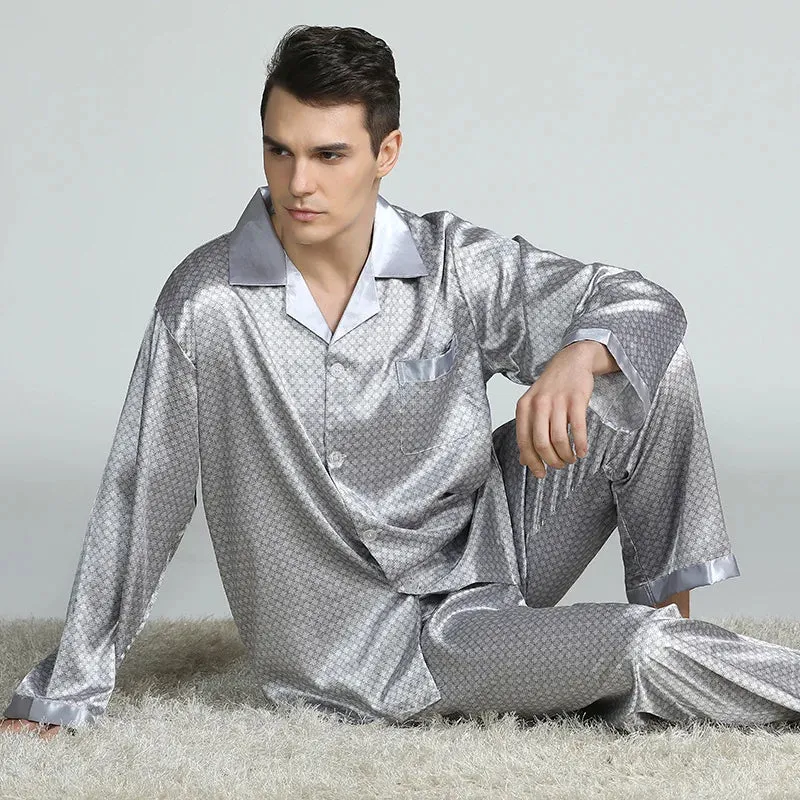 Pyjama-Set für Herren in Übergröße, 2-teilig, langärmelig, locker geschnitten, bedruckt, aus Seidensatin, Loungewear