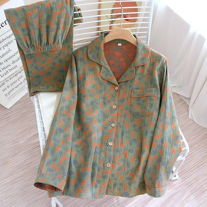 Damen-Baumwollpyjama-Set, garngefärbtes Jacquard-Muster, Vintage-Stil, lang, 2-teilig