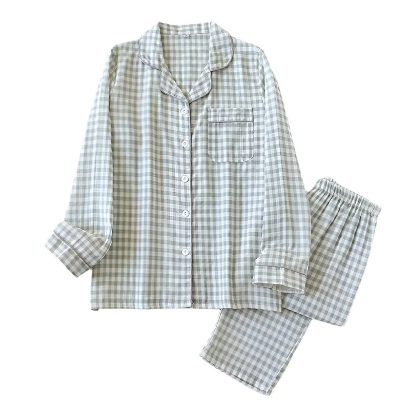 Japanischer karierter Baumwollpyjama für Paare – idealer Komfort für Frühling/Sommer