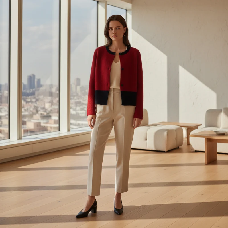 Xiaoxiangfeng Damen-Strickjacke mit Kontrastmuster für einen gemütlichen Herbst-, Winter- und Frühlingsstil