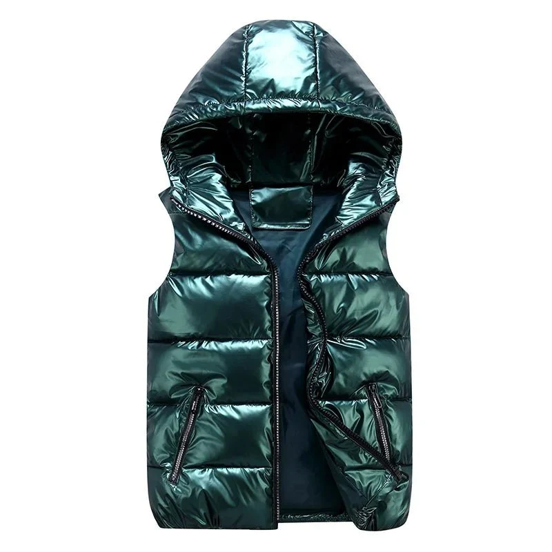 Ärmellose Herren-Winterweste – Modische, glänzende Kapuzenjacke mit Taschen, warme, wattierte Baumwollweste in Rot und Schwarz für den Herbst