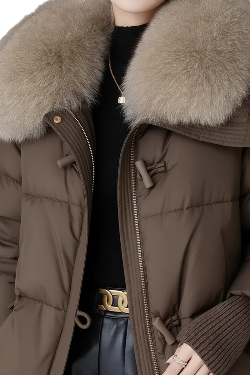 Neuer Damen-Winterdaunenparka mit großem Pelzkragen