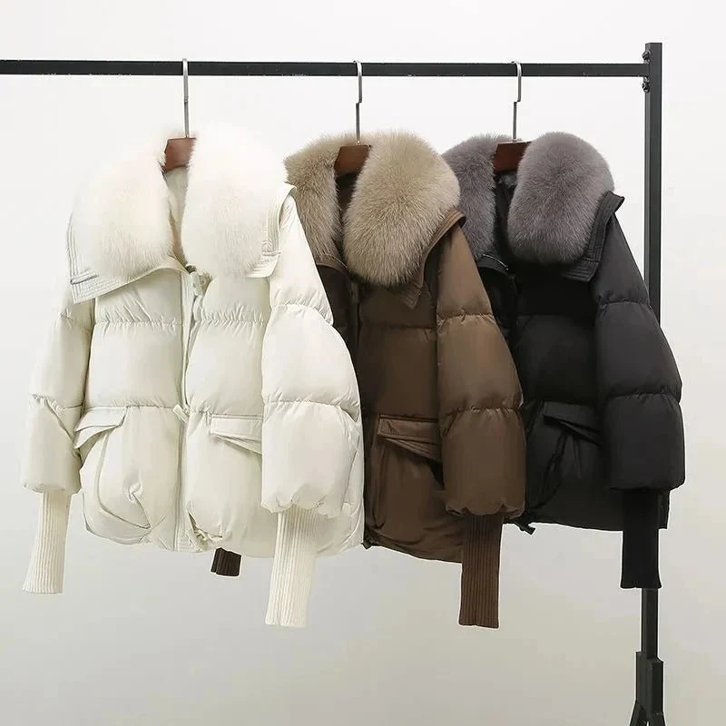 Neuer Damen-Winterdaunenparka mit großem Pelzkragen
