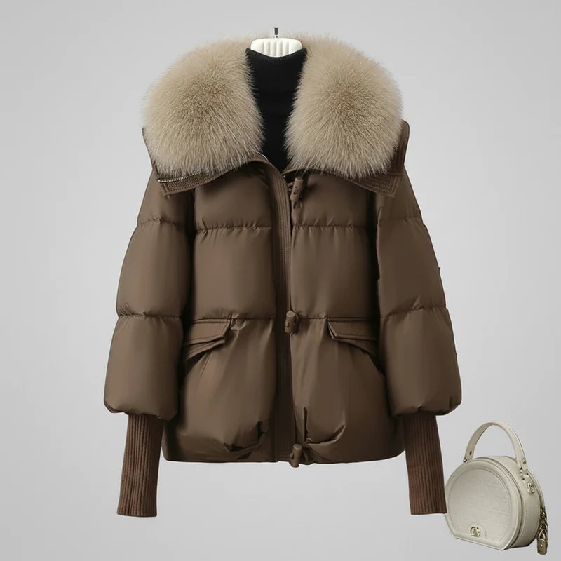 Neuer Damen-Winterdaunenparka mit großem Pelzkragen