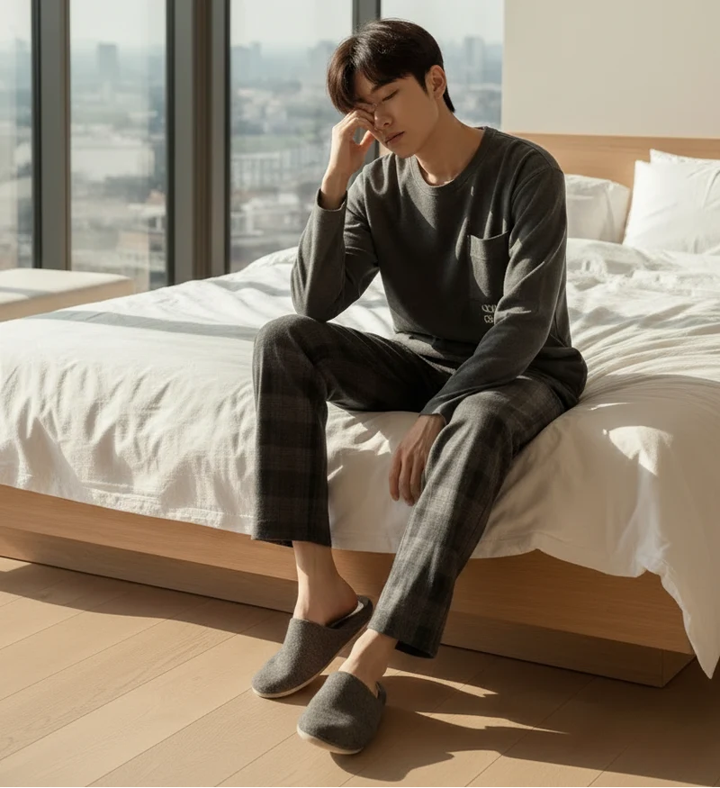 Koreanischer Herren-Pyjama im Karomuster, bestehend aus langärmeligem Oberteil und Hose.