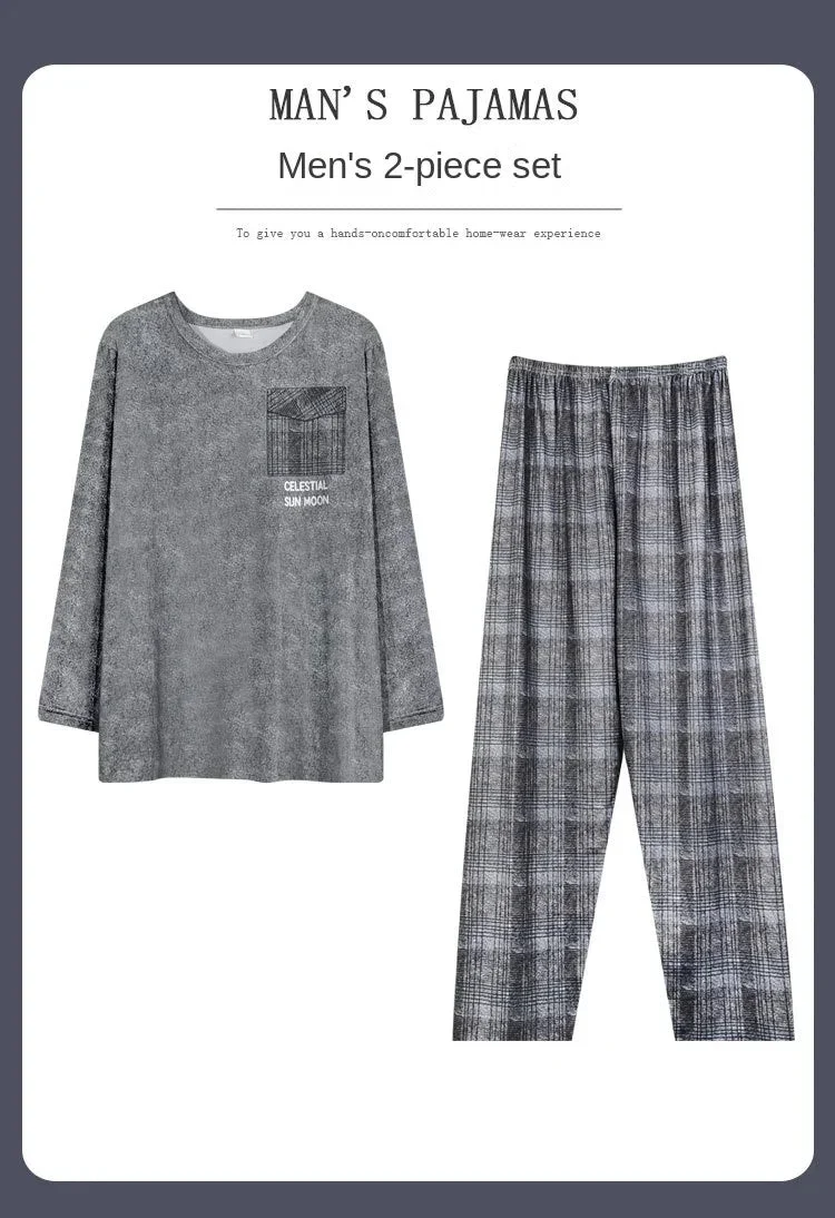 Koreanischer Herren-Pyjama im Karomuster, bestehend aus langärmeligem Oberteil und Hose.