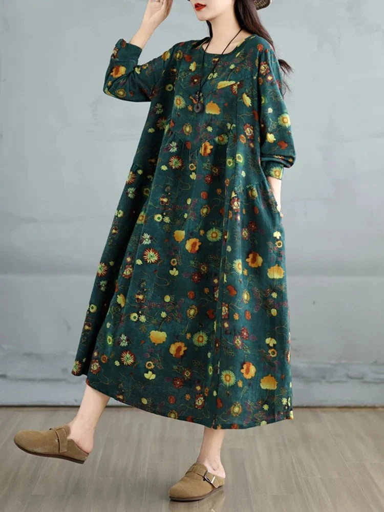 Elegantes Vintage-Kleid mit Blumenmuster für Damen – perfekt für Frühling und Herbst