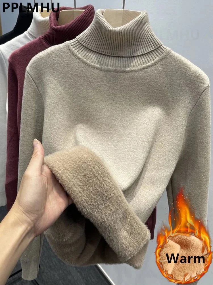 Koreanischer Samtpullover mit Rollkragen für Damen – Dick gestrickter Pullover