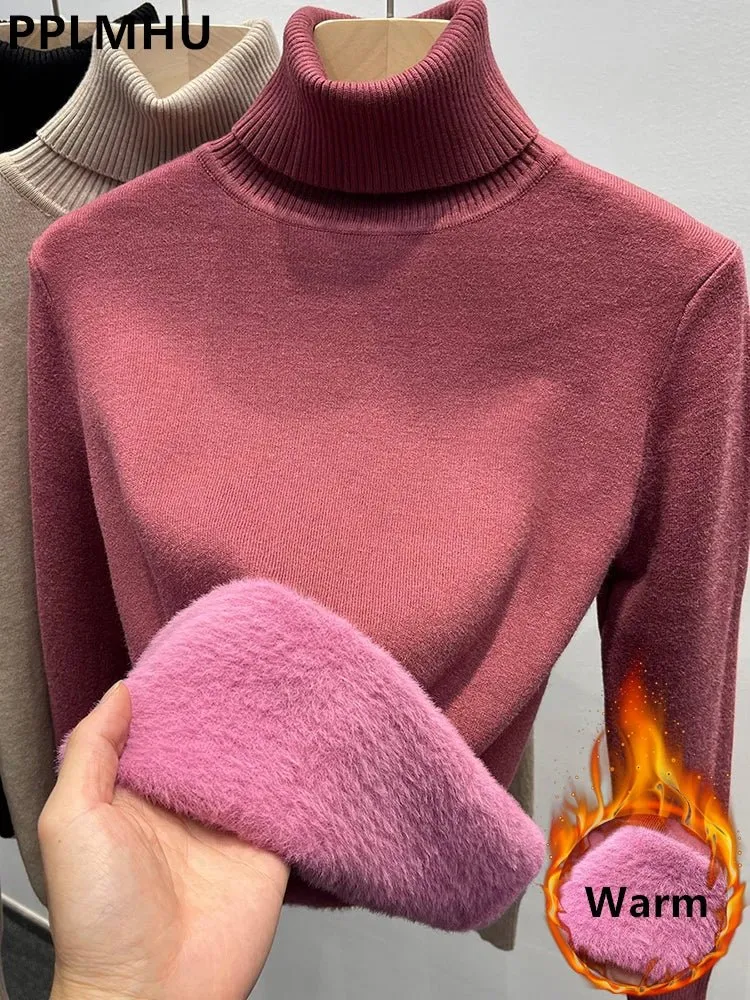 Koreanischer Samtpullover mit Rollkragen für Damen – Dick gestrickter Pullover