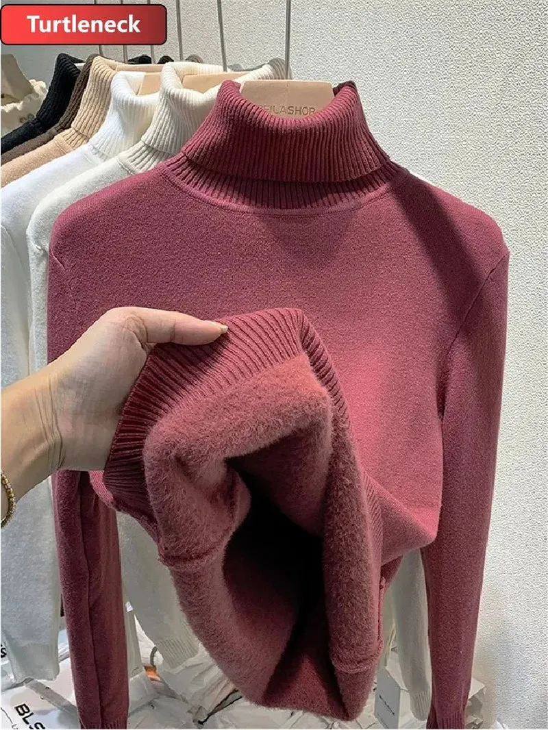 Koreanischer Samtpullover mit Rollkragen für Damen – Dick gestrickter Pullover