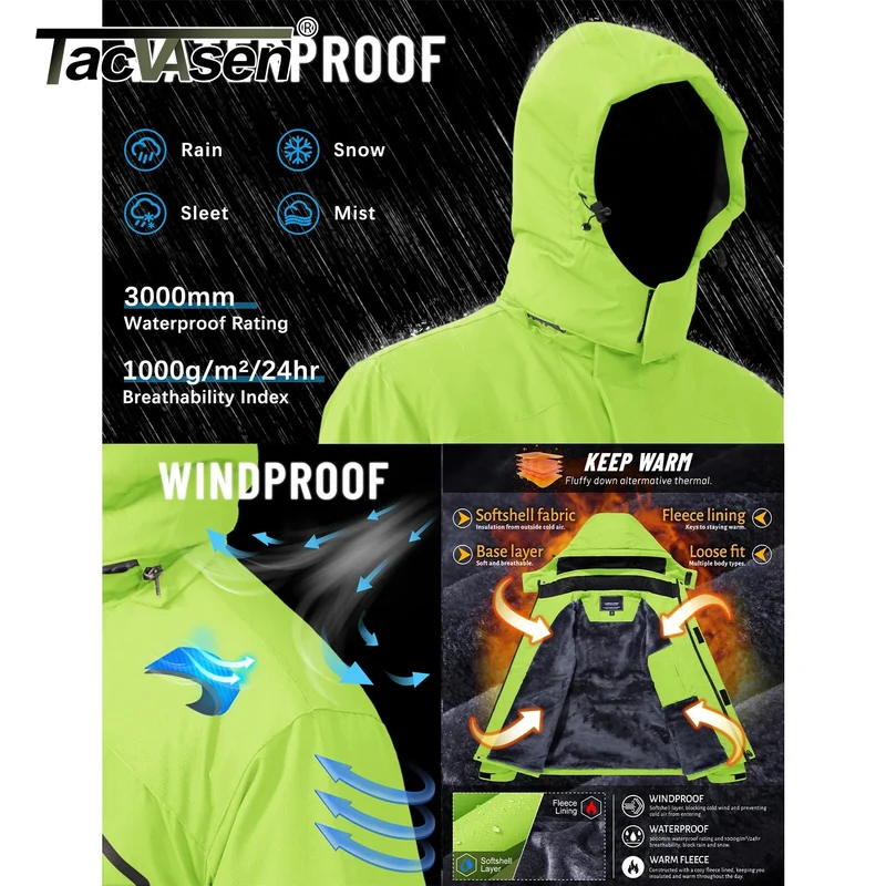 TACVASEN Herren-Wanderjacke mit Fleecefutter, abnehmbarer Kapuze, ideal für Ski, Snowboard und Winter.