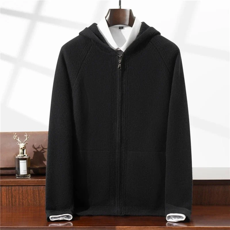 Herren-Strickjacke aus Merinowolle – 100 % reine, warme Strickjacke mit Reißverschluss und Taschen
