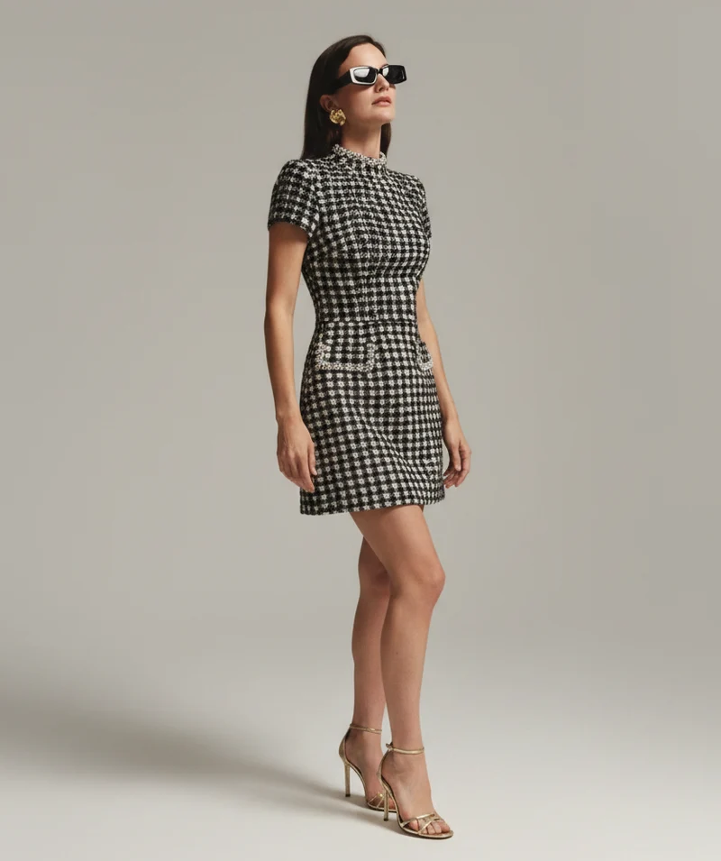 Schickes schwarz-weiß kariertes Minikleid für mühelose Eleganz
