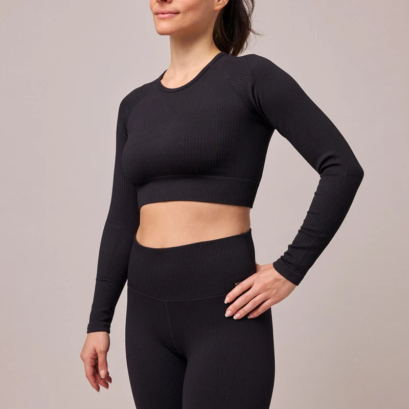 Geripptes Sportshirt langarm Damen | Schwarz