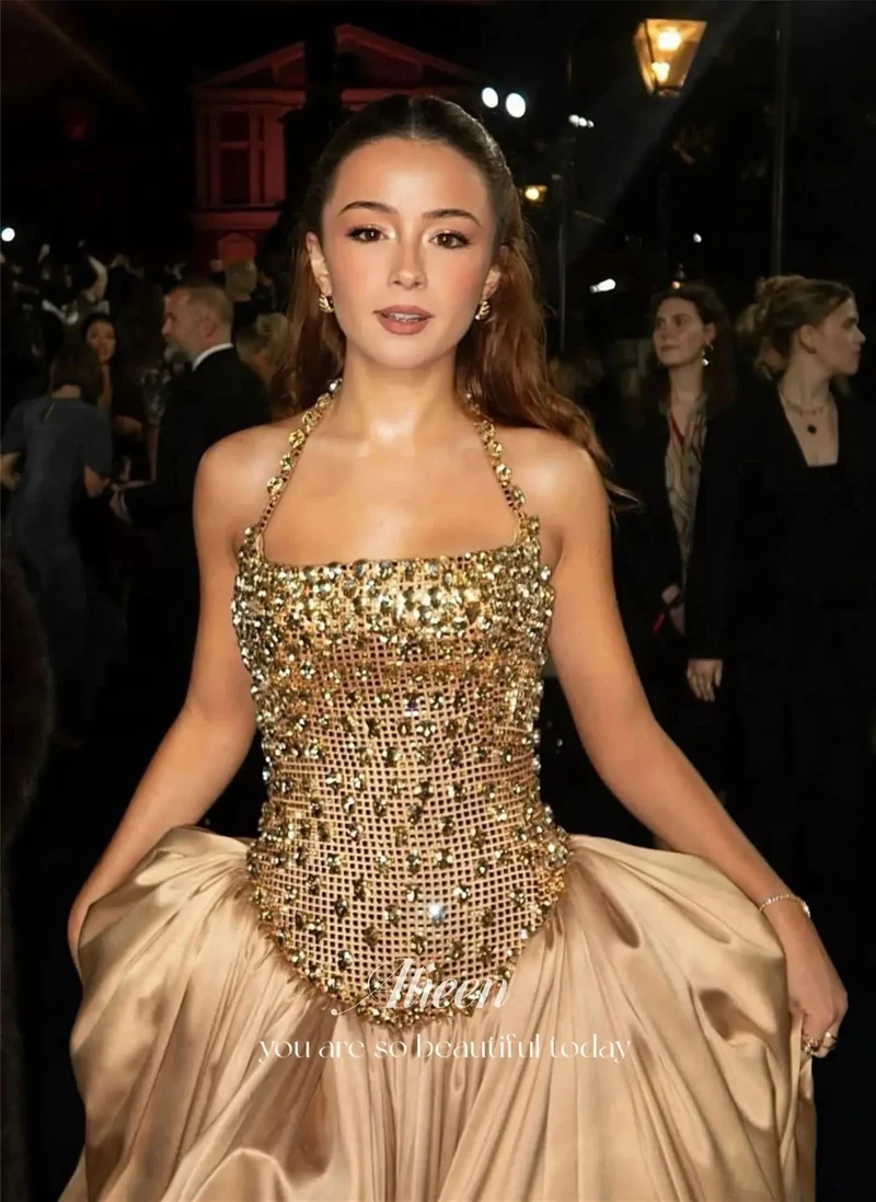 Aileen Satin Gold Trägerloses Abendkleid - Maßgeschneidertes bodenlanges Ballkleid