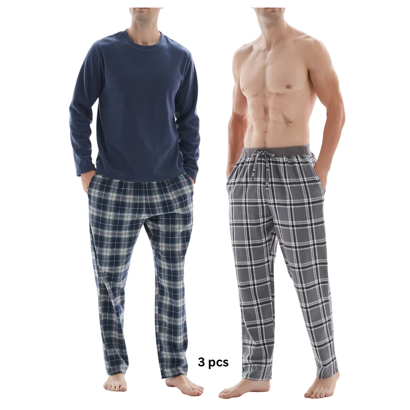 3-teiliger Herren-Pyjama mit langärmeligem Polyester-Oberteil und karierter Baumwollhose