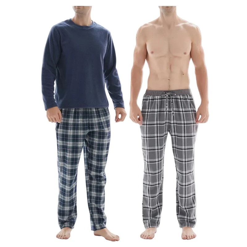 3-teiliger Herren-Pyjama mit langärmeligem Polyester-Oberteil und karierter Baumwollhose
