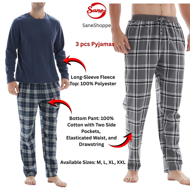 3-teiliger Herren-Pyjama mit langärmeligem Polyester-Oberteil und karierter Baumwollhose