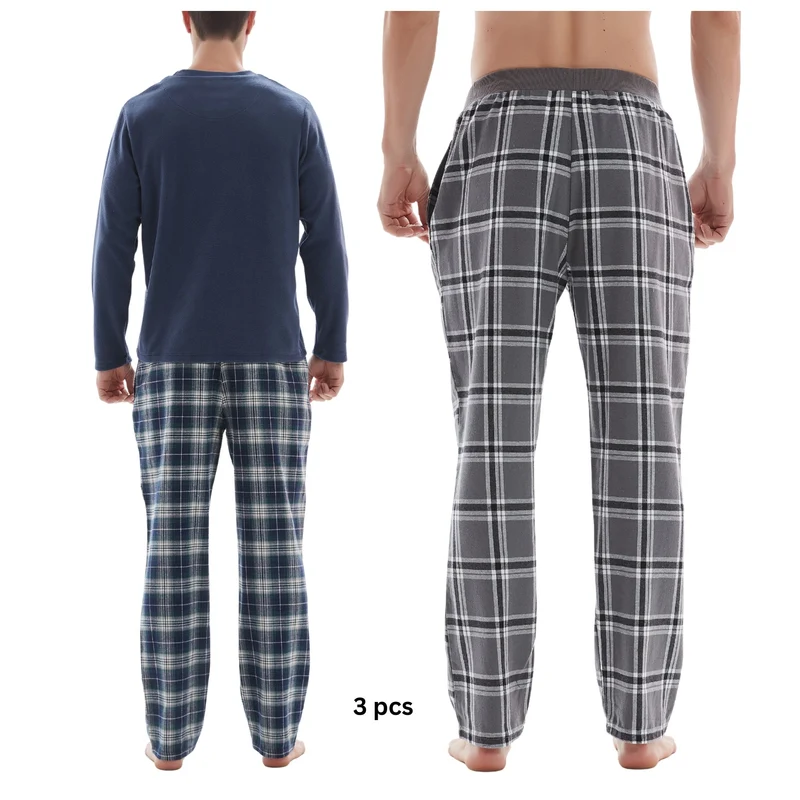 3-teiliger Herren-Pyjama mit langärmeligem Polyester-Oberteil und karierter Baumwollhose