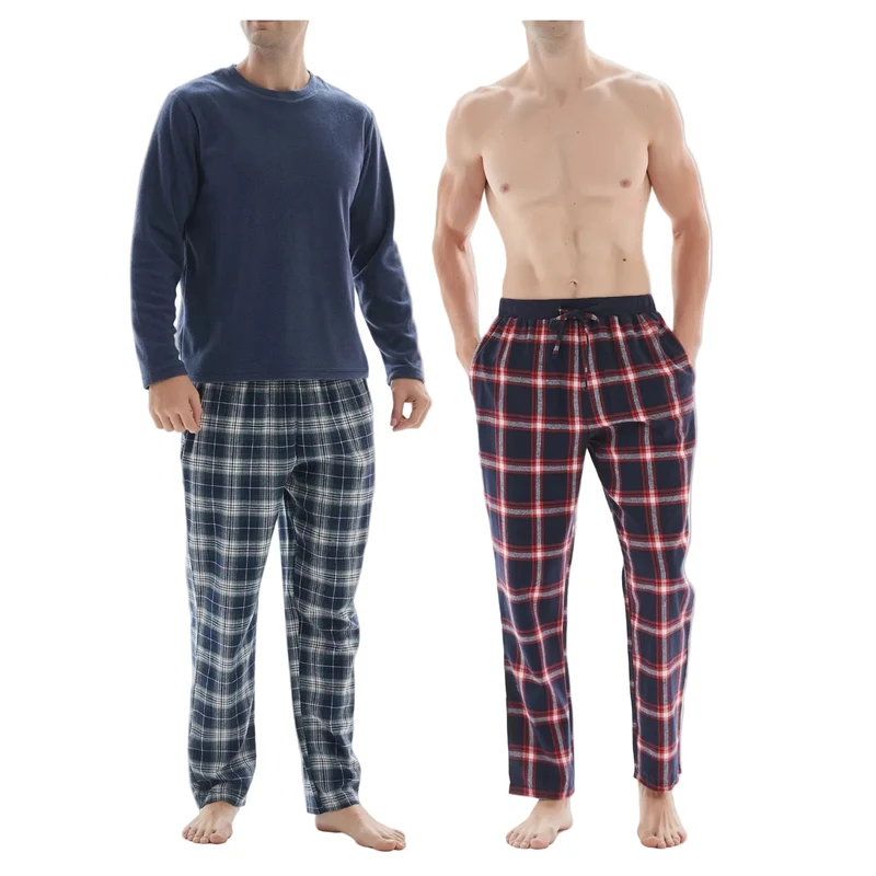 3-teiliger Herren-Pyjama mit langärmeligem Polyester-Oberteil und karierter Baumwollhose