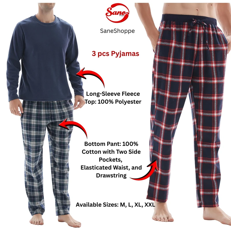3-teiliger Herren-Pyjama mit langärmeligem Polyester-Oberteil und karierter Baumwollhose