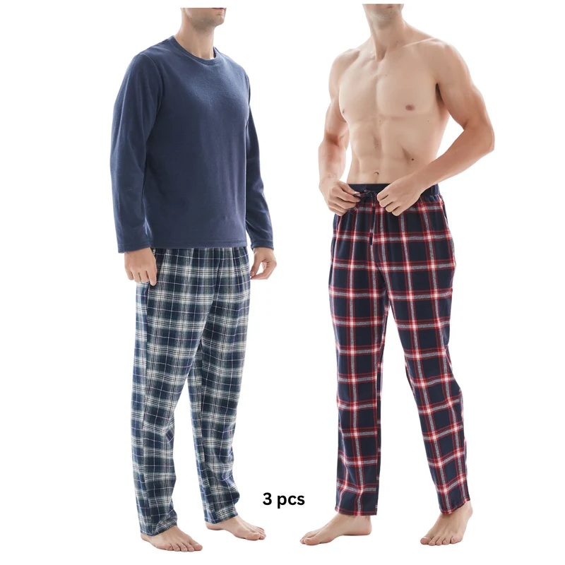 3-teiliger Herren-Pyjama mit langärmeligem Polyester-Oberteil und karierter Baumwollhose