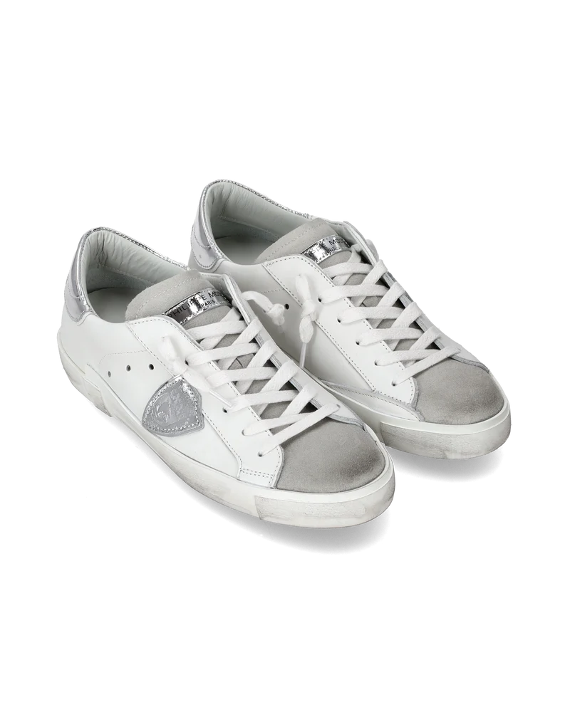 Women's Prsx Low-Top Sneakers in Leather with metallic touches, Silver White