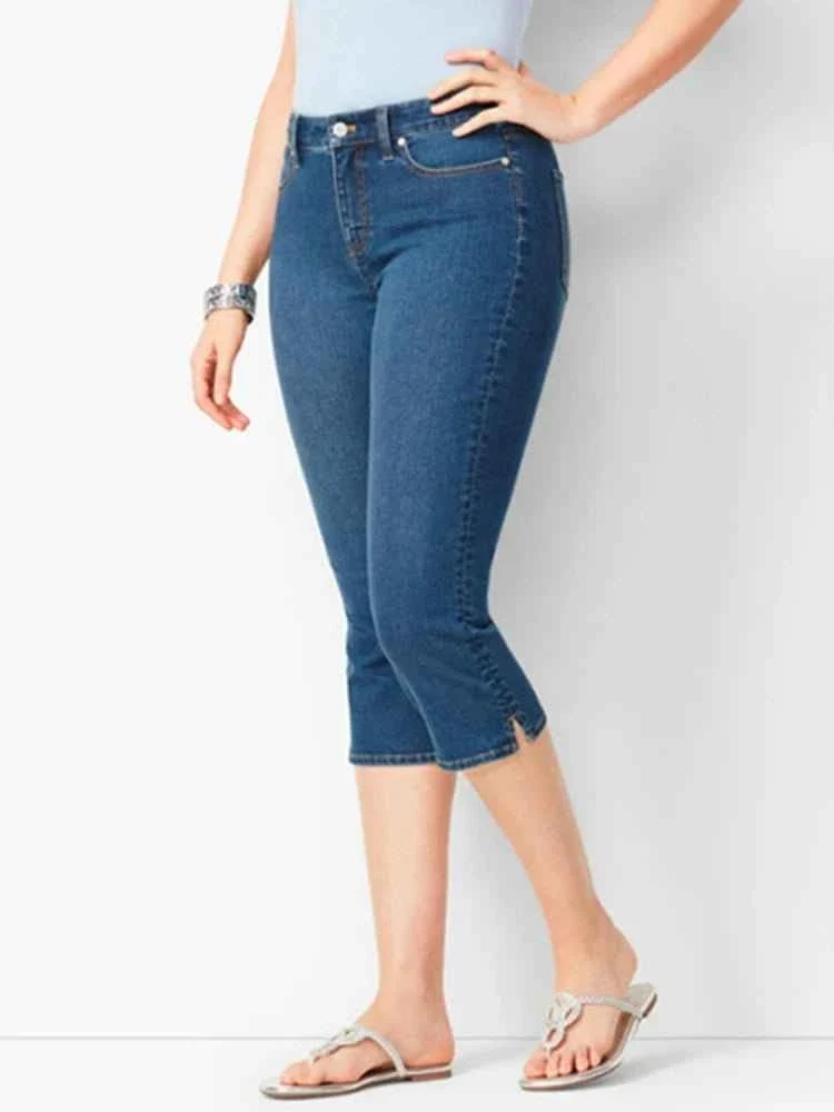 Schwarze Damenjeans, Jeans, Cropped-Jeans, Skinny-Jeans in Knielänge, elastischer hoher Bund, Mom-Jeans, Oversize-Schnitt