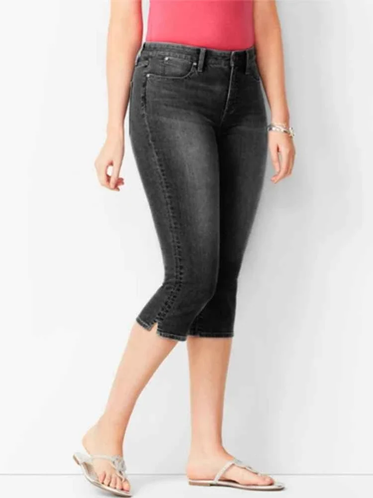 Schwarze Damenjeans, Jeans, Cropped-Jeans, Skinny-Jeans in Knielänge, elastischer hoher Bund, Mom-Jeans, Oversize-Schnitt
