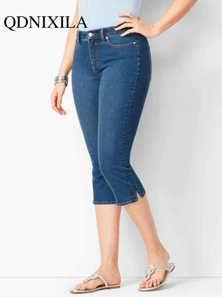 Schwarze Damenjeans, Jeans, Cropped-Jeans, Skinny-Jeans in Knielänge, elastischer hoher Bund, Mom-Jeans, Oversize-Schnitt