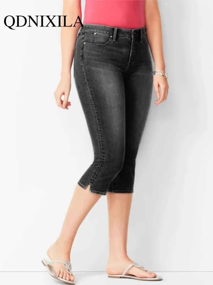 Schwarze Damenjeans, Jeans, Cropped-Jeans, Skinny-Jeans in Knielänge, elastischer hoher Bund, Mom-Jeans, Oversize-Schnitt