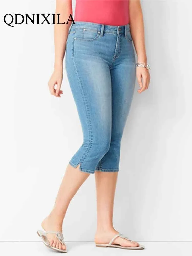 Schwarze Damenjeans, Jeans, Cropped-Jeans, Skinny-Jeans in Knielänge, elastischer hoher Bund, Mom-Jeans, Oversize-Schnitt