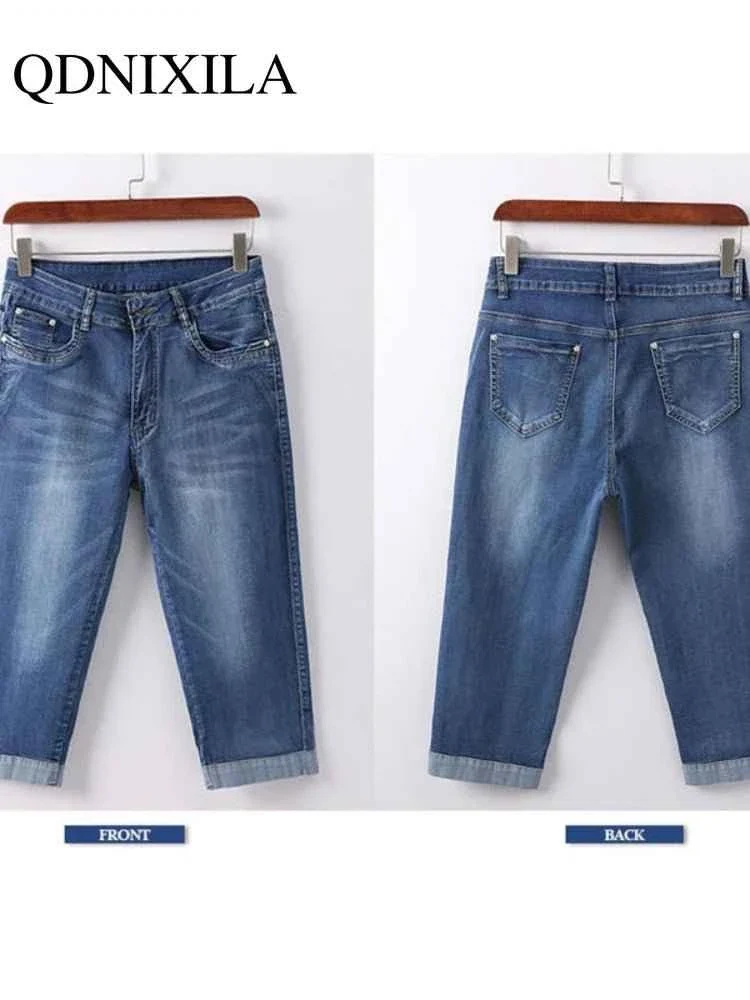 Schwarze Damenjeans, Jeans, Cropped-Jeans, Skinny-Jeans in Knielänge, elastischer hoher Bund, Mom-Jeans, Oversize-Schnitt