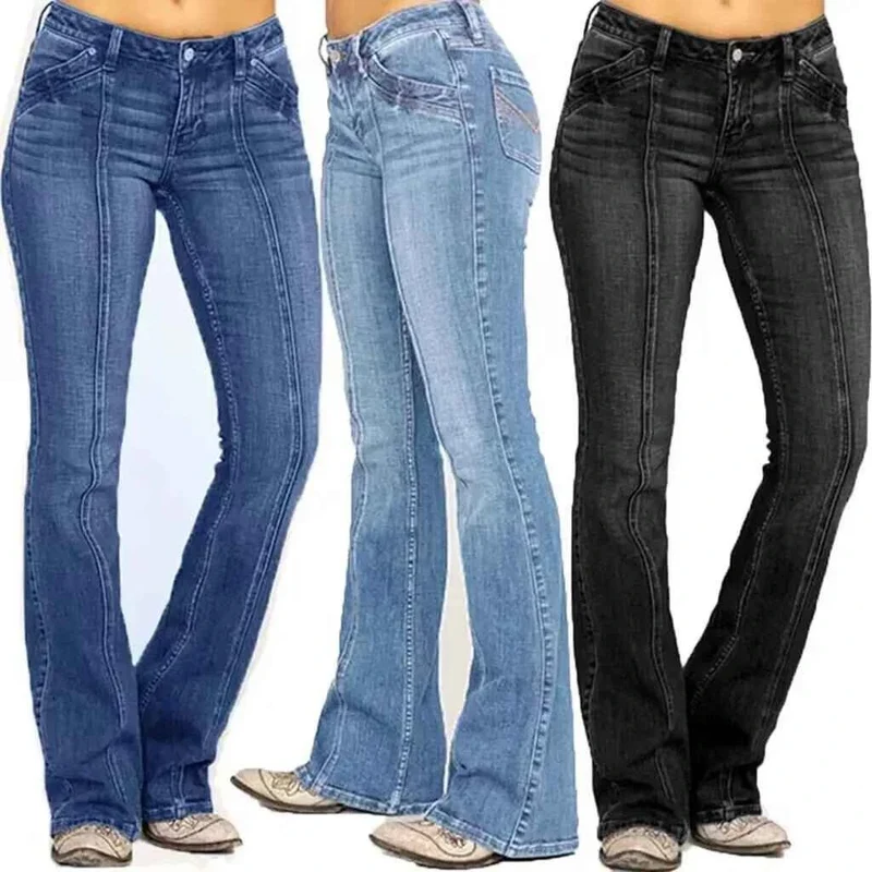 Retro-Jeans für Damen, gewaschen, mit niedrigem Bund und ausgestelltem Bein, lässige Jeans mit weitem Bein, Denim-Streetwear-Hose für Damen