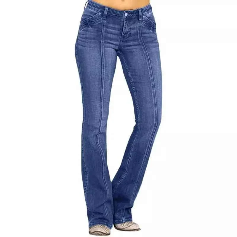 Retro-Jeans für Damen, gewaschen, mit niedrigem Bund und ausgestelltem Bein, lässige Jeans mit weitem Bein, Denim-Streetwear-Hose für Damen
