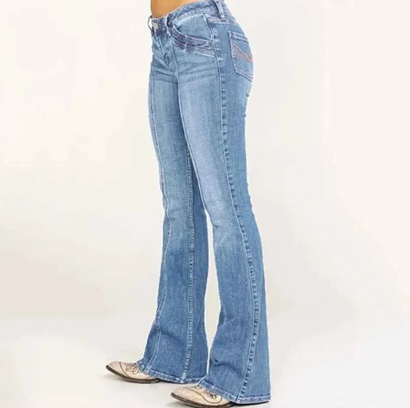 Retro-Jeans für Damen, gewaschen, mit niedrigem Bund und ausgestelltem Bein, lässige Jeans mit weitem Bein, Denim-Streetwear-Hose für Damen