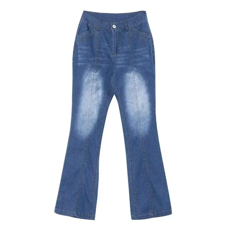 Retro-Jeans für Damen, gewaschen, mit niedrigem Bund und ausgestelltem Bein, lässige Jeans mit weitem Bein, Denim-Streetwear-Hose für Damen