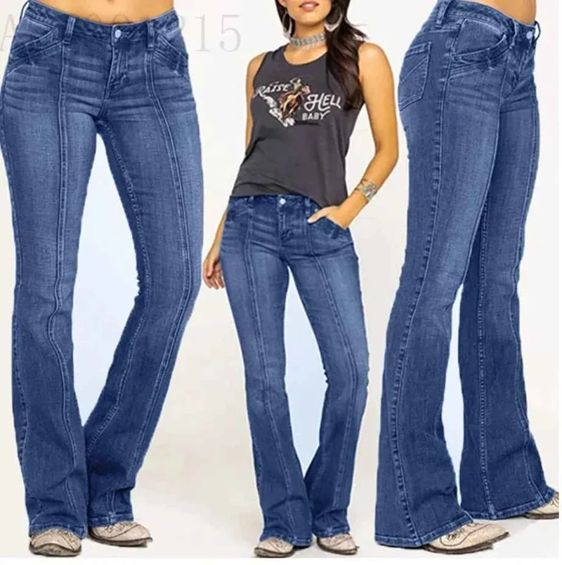 Retro-Jeans für Damen, gewaschen, mit niedrigem Bund und ausgestelltem Bein, lässige Jeans mit weitem Bein, Denim-Streetwear-Hose für Damen