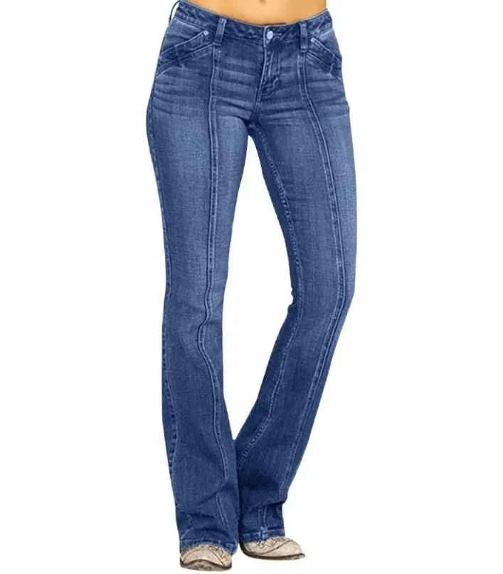 Retro-Jeans für Damen, gewaschen, mit niedrigem Bund und ausgestelltem Bein, lässige Jeans mit weitem Bein, Denim-Streetwear-Hose für Damen