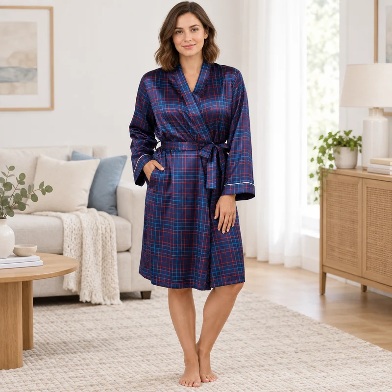Damen-Kimono-Bademantel aus Satin im marineblau-roten Karomuster