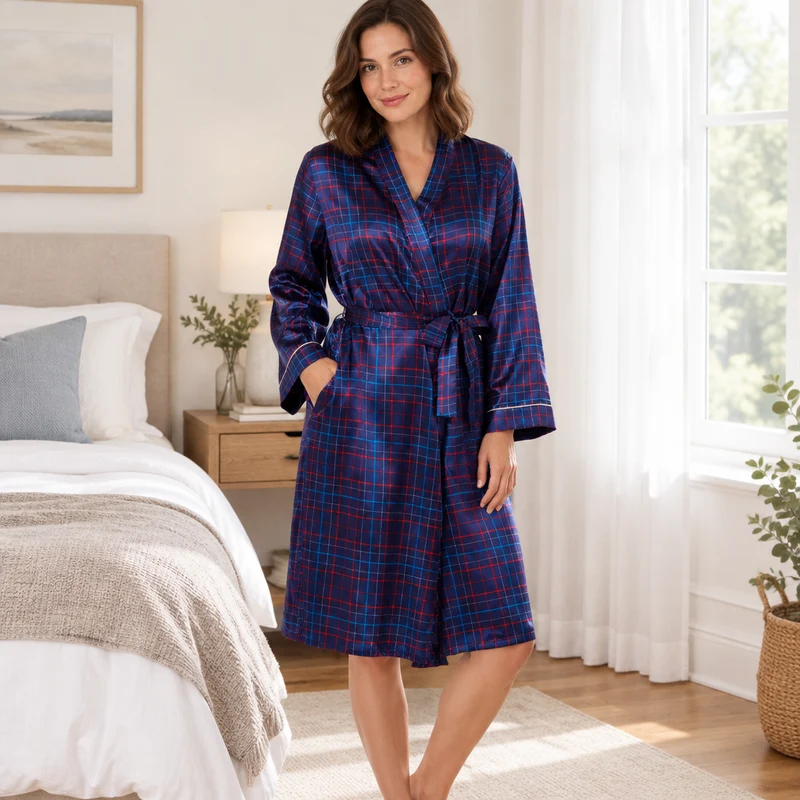 Damen-Kimono-Bademantel aus Satin im marineblau-roten Karomuster