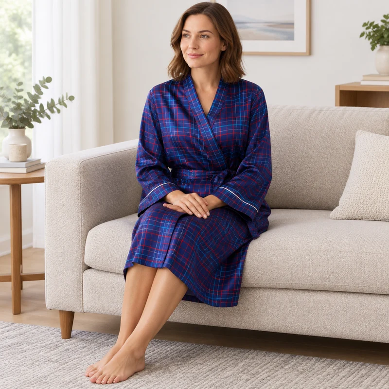 Damen-Kimono-Bademantel aus Satin im marineblau-roten Karomuster
