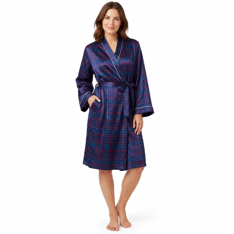 Damen-Kimono-Bademantel aus Satin im marineblau-roten Karomuster