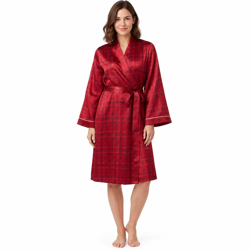 Damen-Kimono-Bademantel aus Satin im marineblau-roten Karomuster