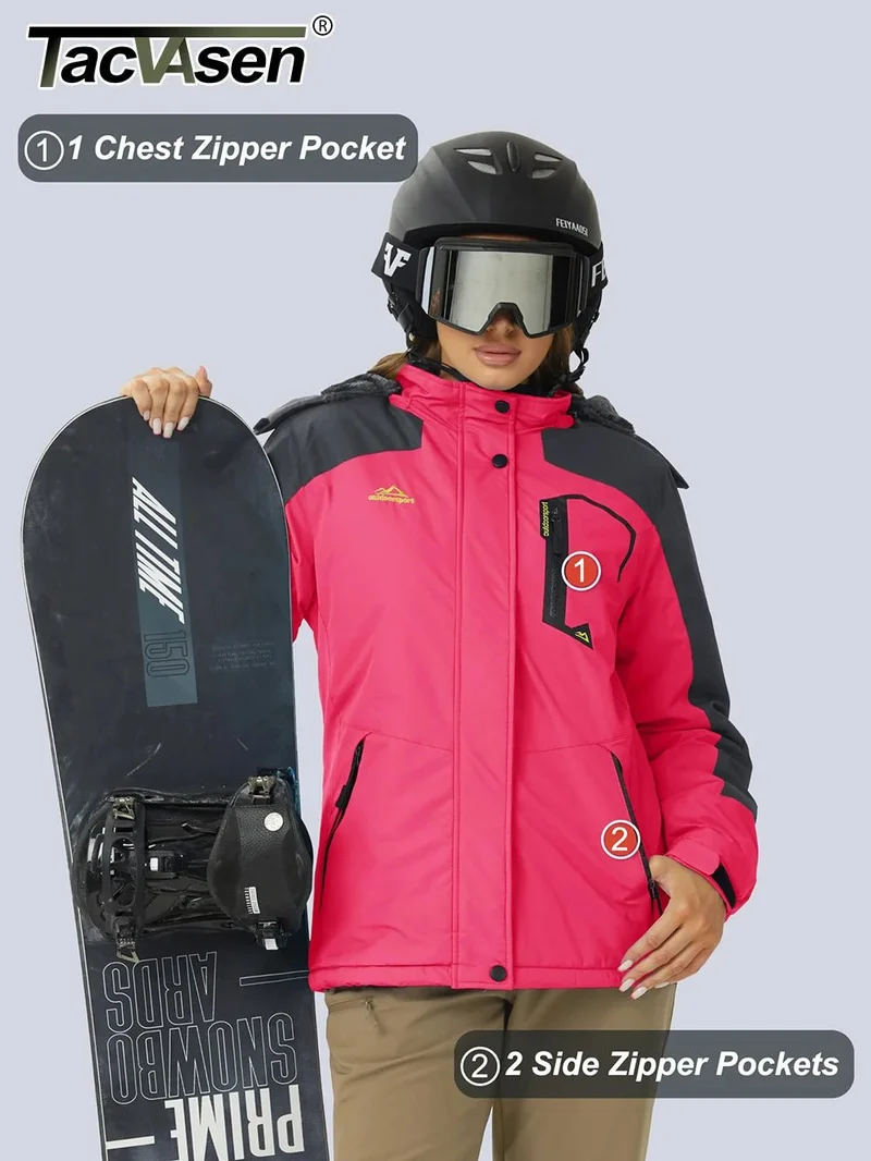 TACVASEN Wasserdichte Winter-Skijacke - Damen-Thermo-Fleecemantel, wasserdicht, Freizeit-Regen- und Windjacke